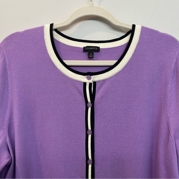 Talbots Charming Button Cardigan Lavender With Navy Cream Trim Details Size XL - Picture 2 of 9